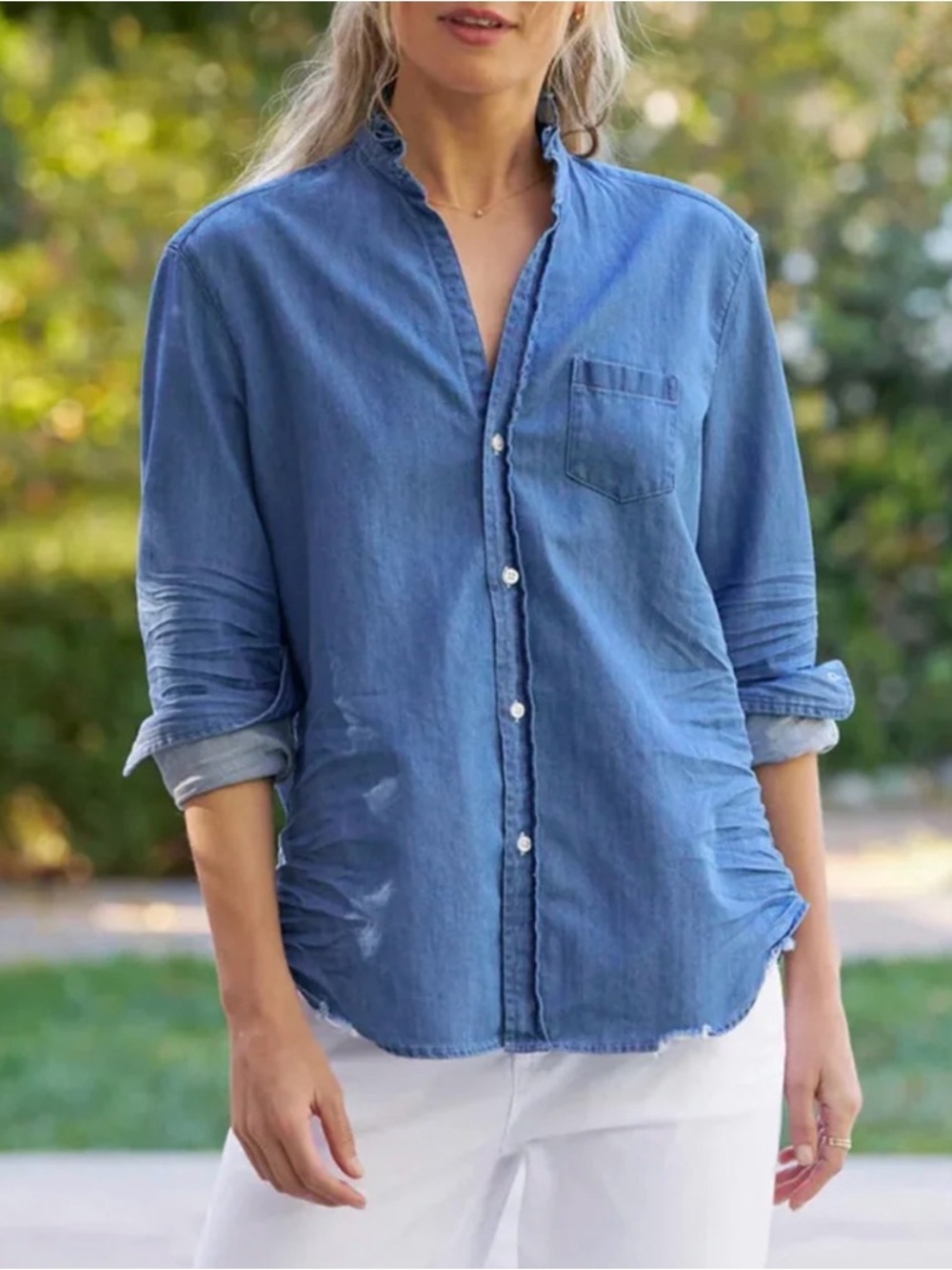 Frank  and Eileen Denim Ruffle Button-Up shirt